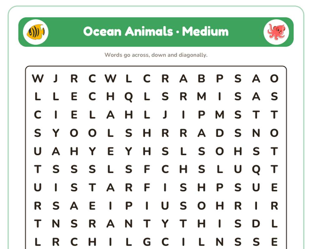 Ocean Animals Word Search Printable: 4 Puzzles (Easy to Hard + Large Print) printable preview 2