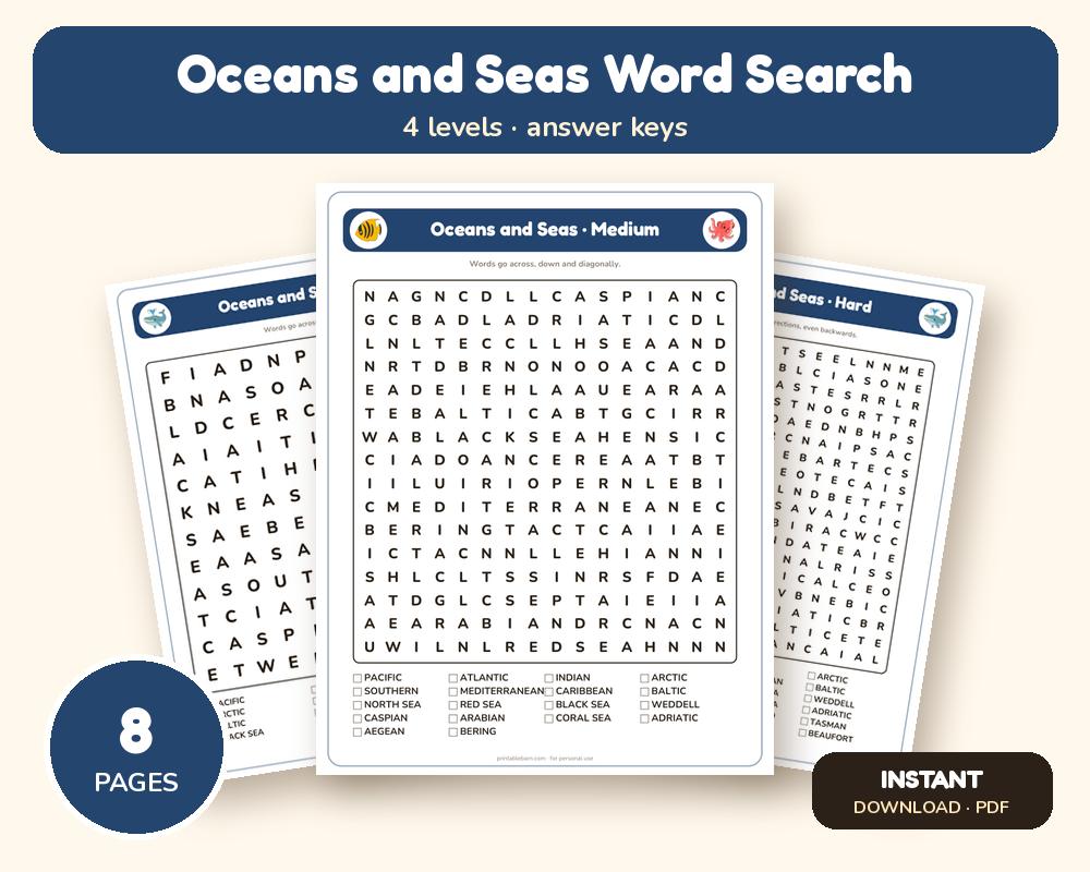 Oceans and Seas Word Search Printable: 4 Puzzles (Easy to Hard + Large Print) printable preview 1
