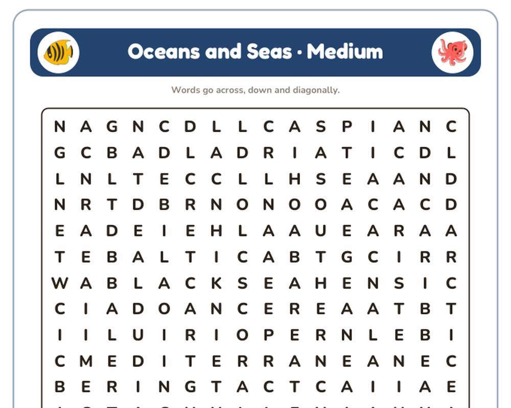 Oceans and Seas Word Search Printable: 4 Puzzles (Easy to Hard + Large Print) printable preview 2