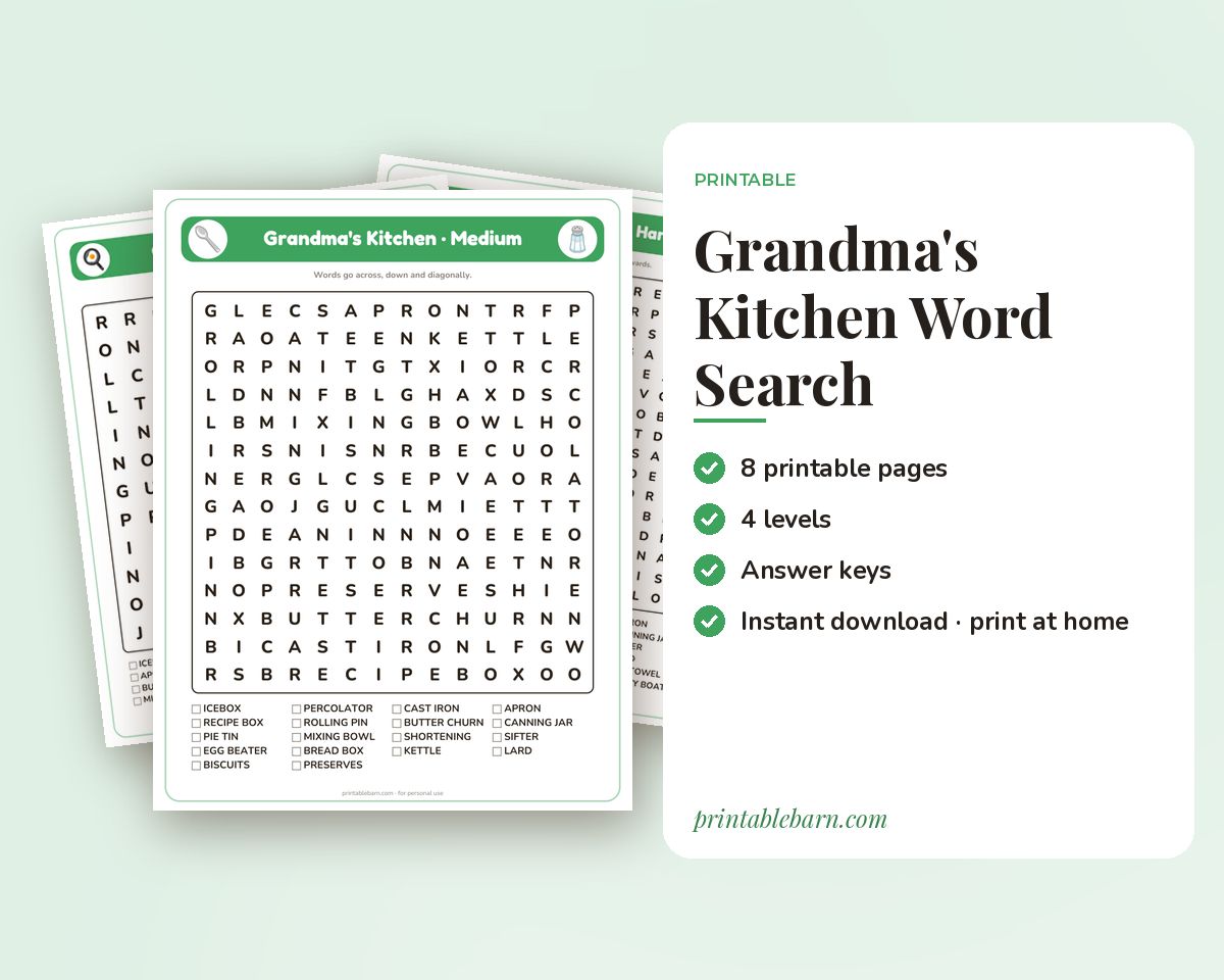 Grandma's Kitchen Word Search Printable: 4 Puzzles (Easy to Hard + Large Print) printable preview 1