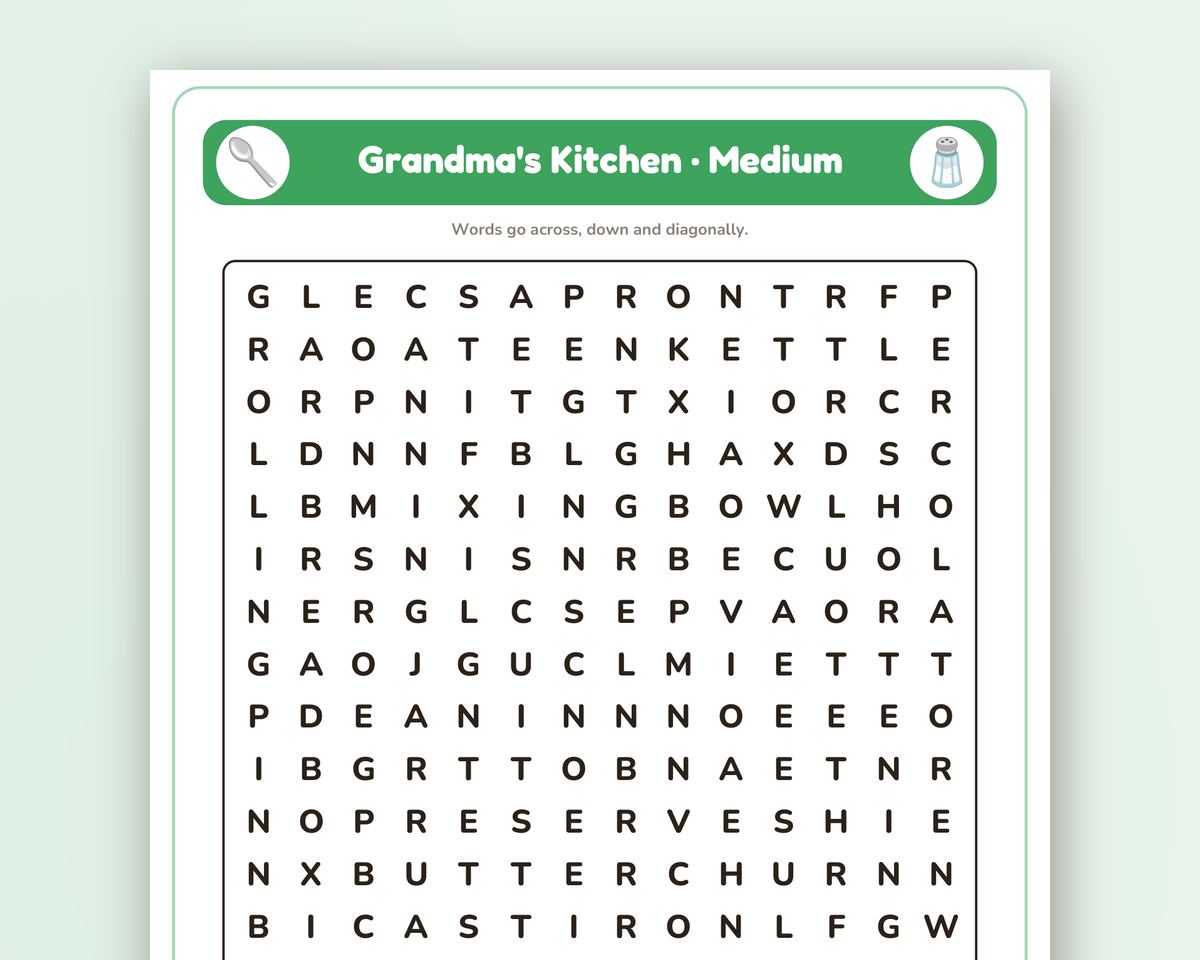 Grandma's Kitchen Word Search Printable: 4 Puzzles (Easy to Hard + Large Print) printable preview 2