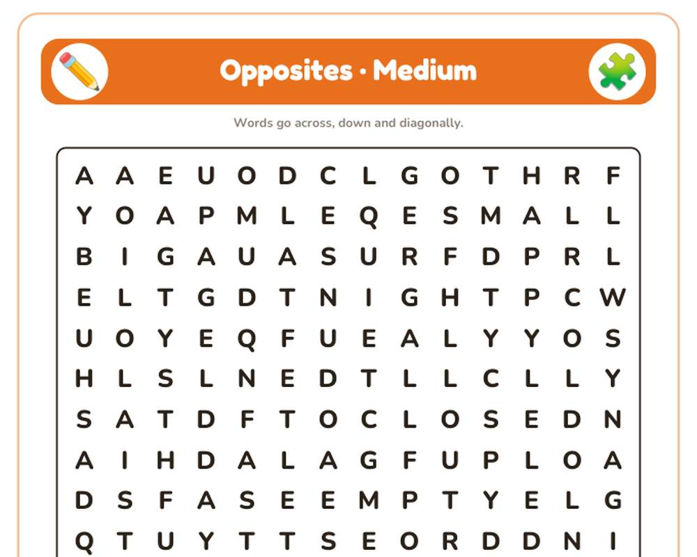 Opposites Word Search Printable: 4 Puzzles (Easy to Hard + Large Print) printable preview 2