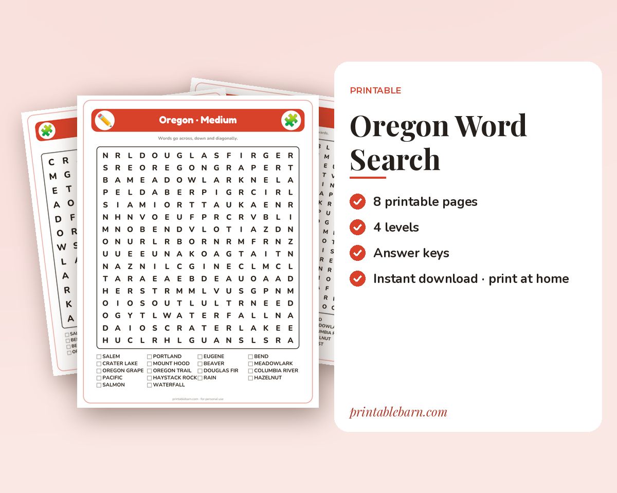 Oregon Word Search Printable: 4 Puzzles (Easy to Hard + Large Print) printable preview 1
