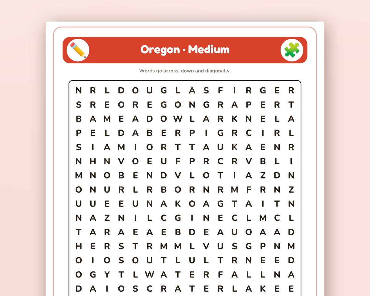 Oregon Word Search Printable: 4 Puzzles (Easy to Hard + Large Print) printable preview 2