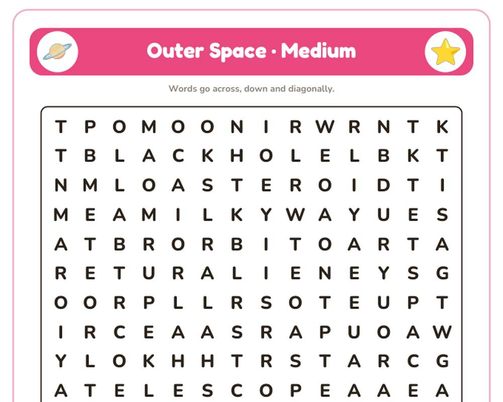 Outer Space Word Search Printable: 4 Puzzles (Easy to Hard + Large Print) printable preview 2