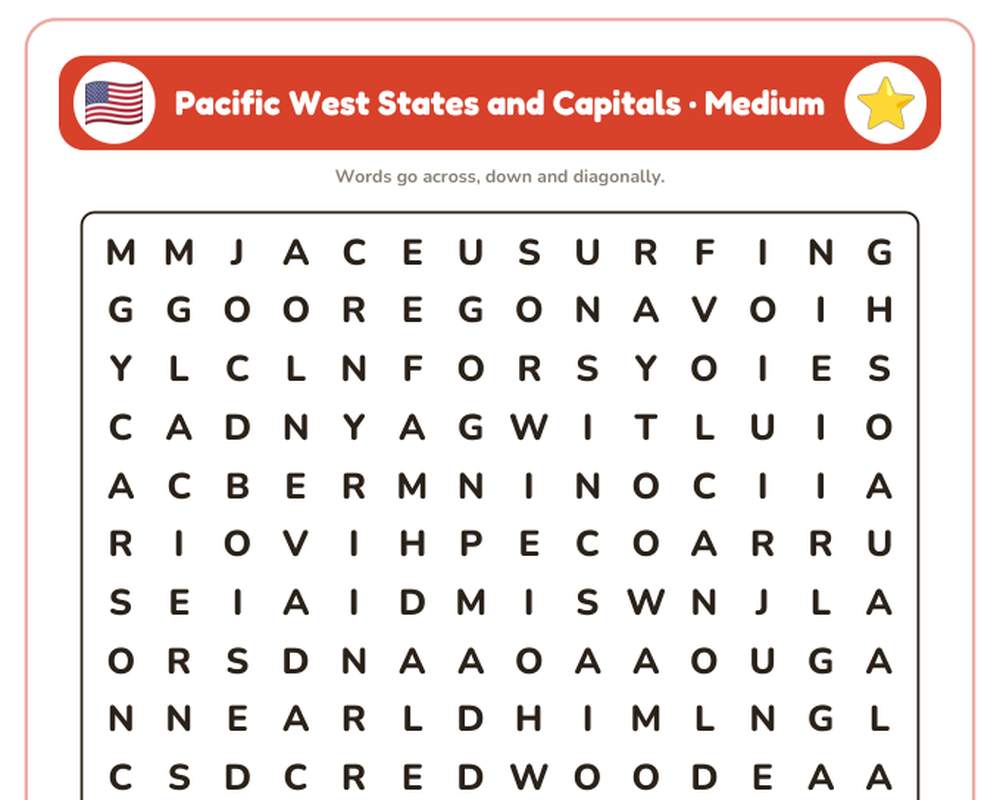 Pacific West States and Capitals Word Search Printable: 4 Puzzles (Easy to Hard + Large Print) printable preview 2