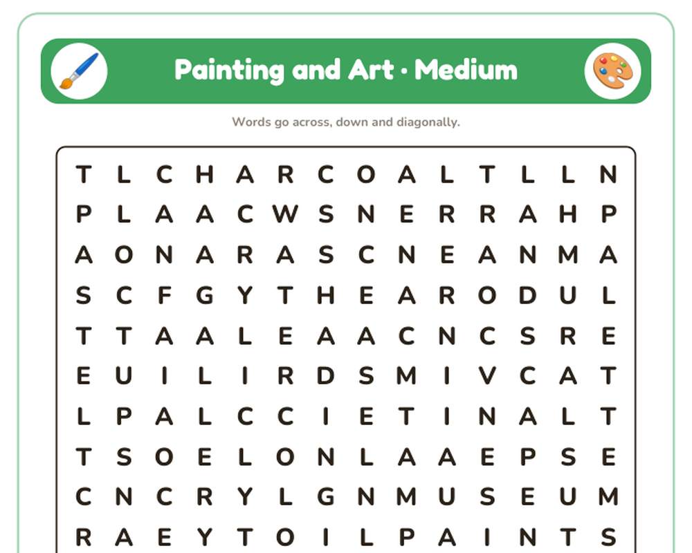 Painting and Art Word Search Printable: 4 Puzzles (Easy to Hard + Large Print) printable preview 2