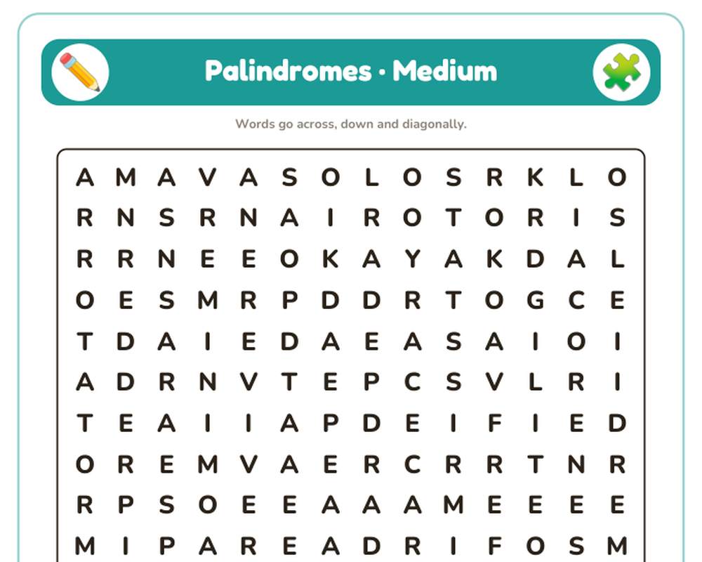 Palindromes Word Search Printable: 4 Puzzles (Easy to Hard + Large Print) printable preview 2