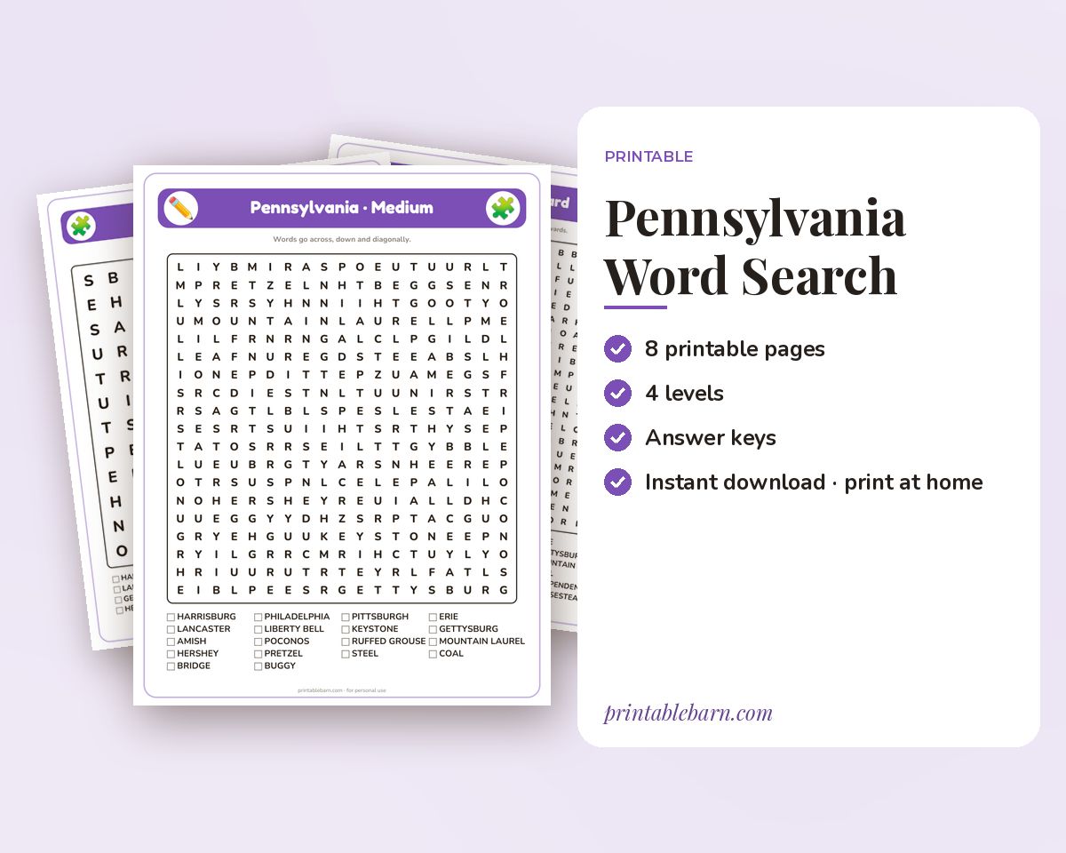 Pennsylvania Word Search Printable: 4 Puzzles (Easy to Hard + Large Print) printable preview 1