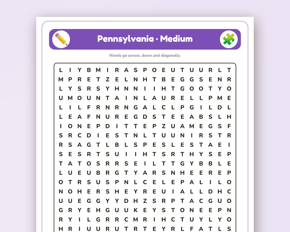 Pennsylvania Word Search Printable: 4 Puzzles (Easy to Hard + Large Print) printable preview 2