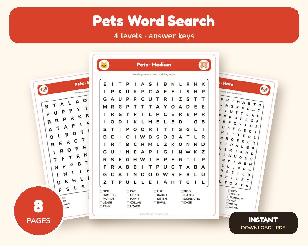 Pets Word Search Printable: 4 Puzzles (Easy to Hard + Large Print)