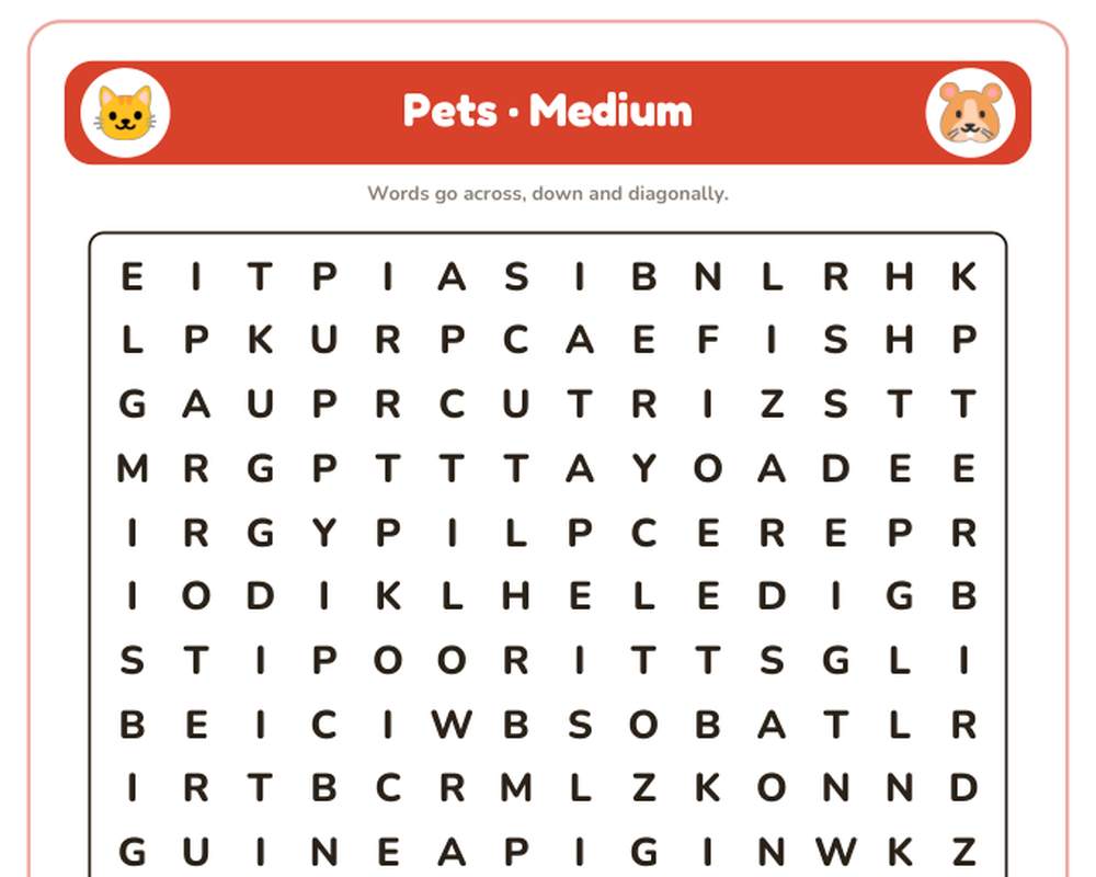 Pets Word Search Printable: 4 Puzzles (Easy to Hard + Large Print) printable preview 2