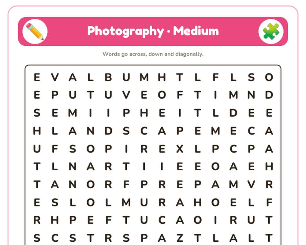 Photography Word Search Printable: 4 Puzzles (Easy to Hard + Large Print) printable preview 2