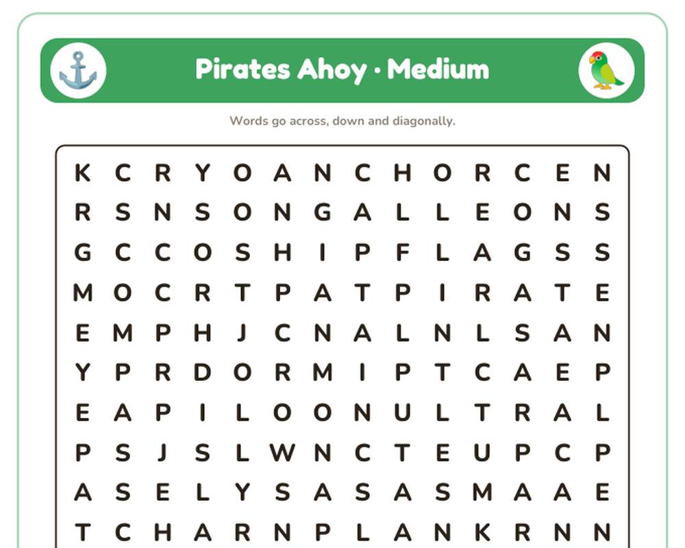 Pirates Ahoy Word Search Printable: 4 Puzzles (Easy to Hard + Large Print) printable preview 2
