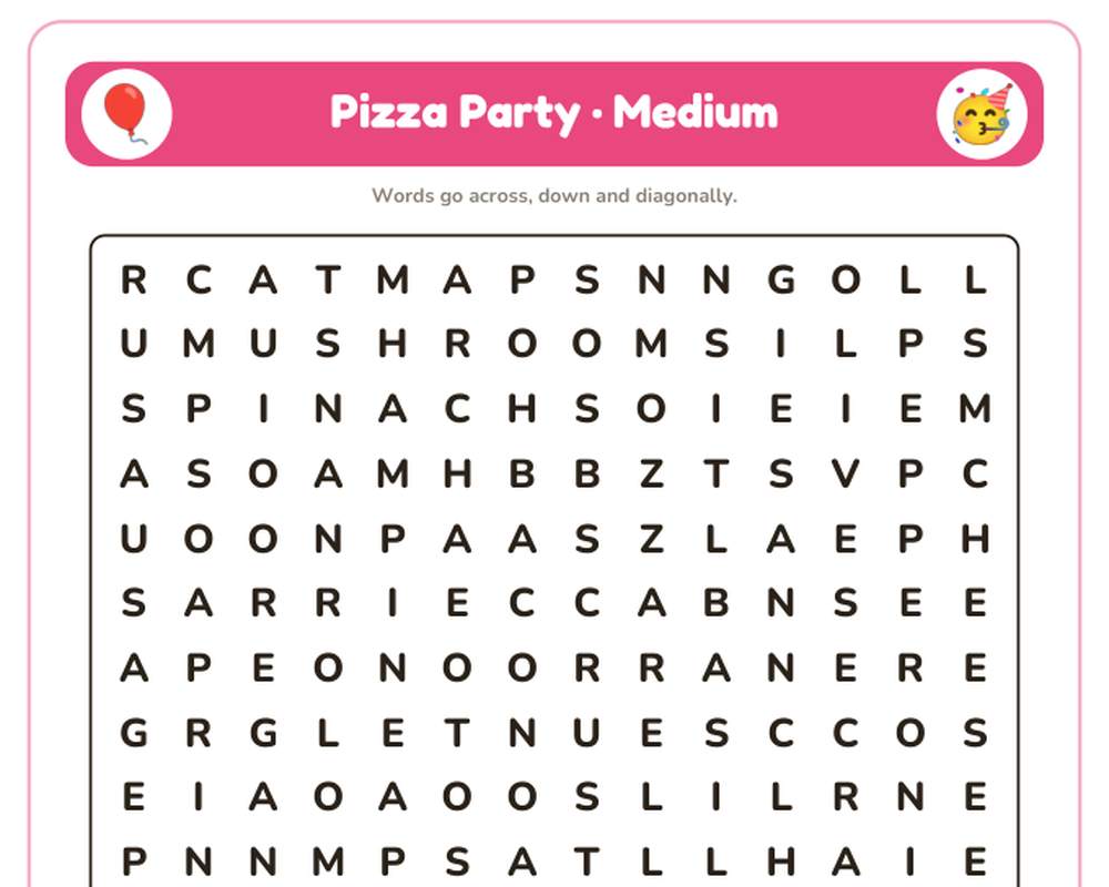 Pizza Party Word Search Printable: 4 Puzzles (Easy to Hard + Large Print) printable preview 2