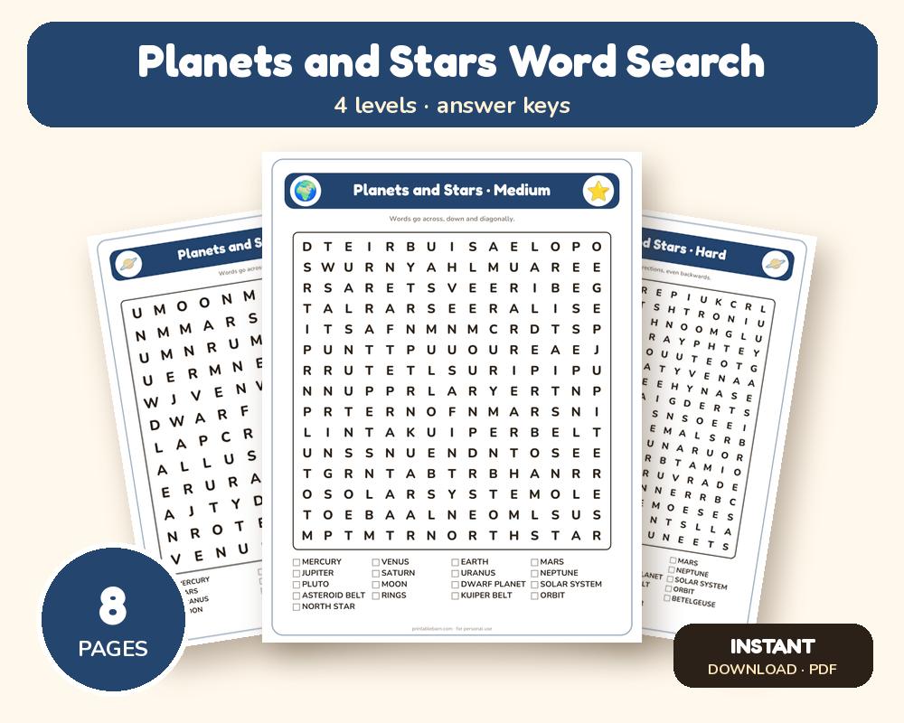 Planets and Stars Word Search Printable: 4 Puzzles (Easy to Hard + Large Print)