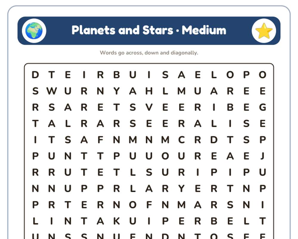 Planets and Stars Word Search Printable: 4 Puzzles (Easy to Hard + Large Print) printable preview 2