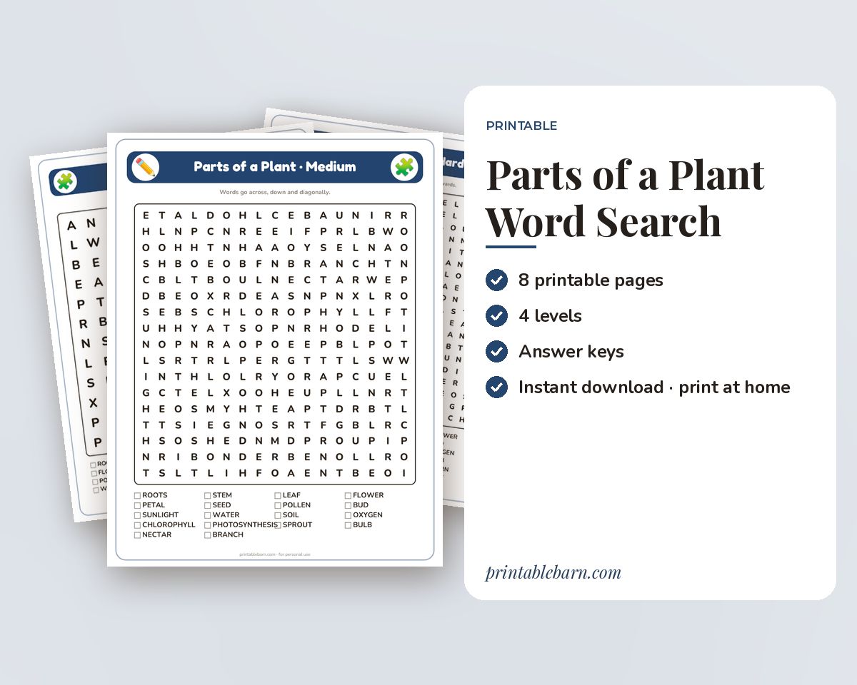 Parts of a Plant Word Search Printable: 4 Puzzles (Easy to Hard + Large Print) printable preview 1