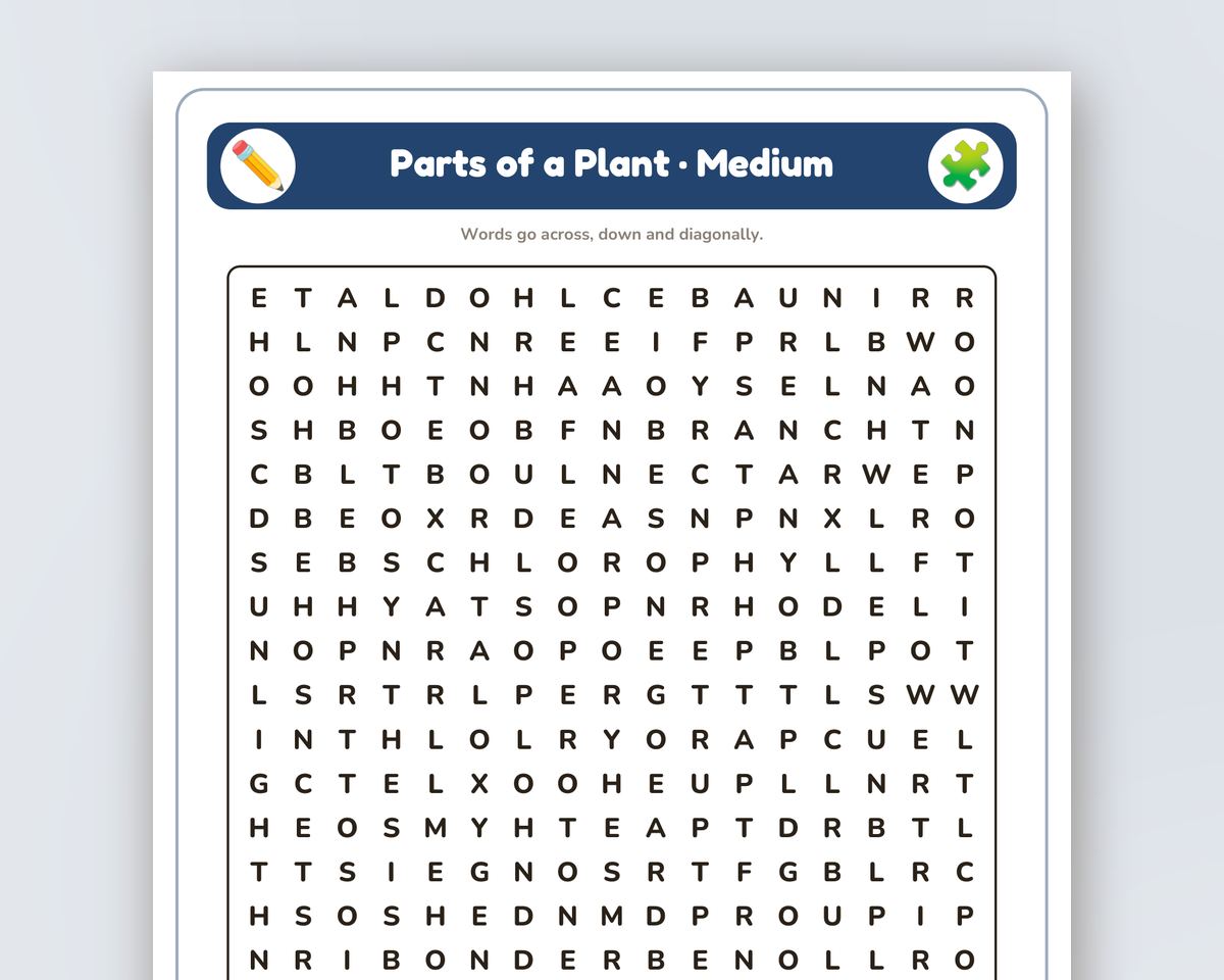 Parts of a Plant Word Search Printable: 4 Puzzles (Easy to Hard + Large Print) printable preview 2