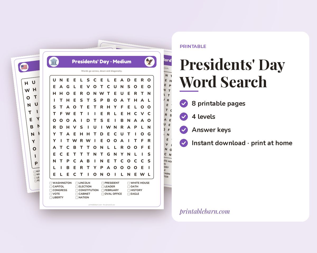 Presidents' Day Word Search Printable: 4 Puzzles (Easy to Hard + Large Print) printable preview 1