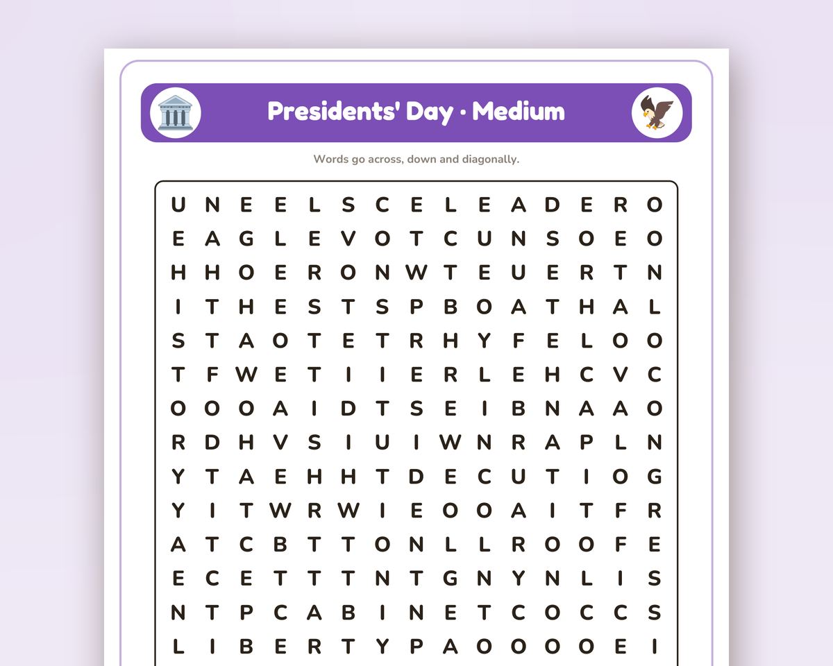 Presidents' Day Word Search Printable: 4 Puzzles (Easy to Hard + Large Print) printable preview 2