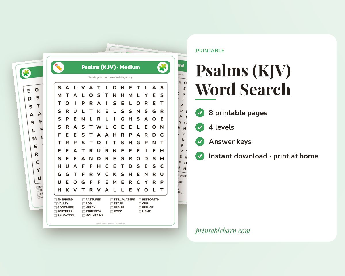 Psalms (KJV) Word Search Printable: 4 Puzzles (Easy to Hard + Large Print) printable preview 1
