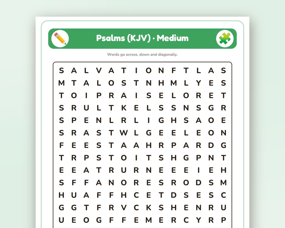 Psalms (KJV) Word Search Printable: 4 Puzzles (Easy to Hard + Large Print) printable preview 2