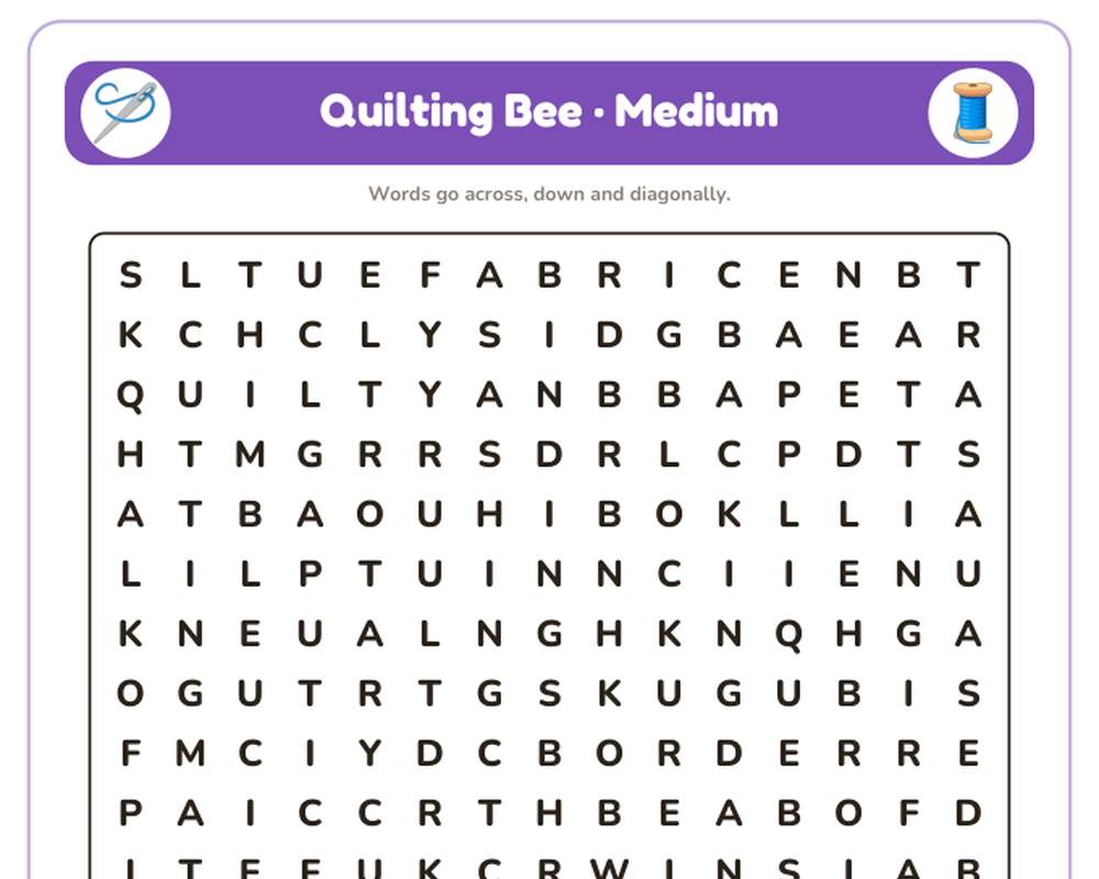 Quilting Bee Word Search Printable: 4 Puzzles (Easy to Hard + Large Print) printable preview 2