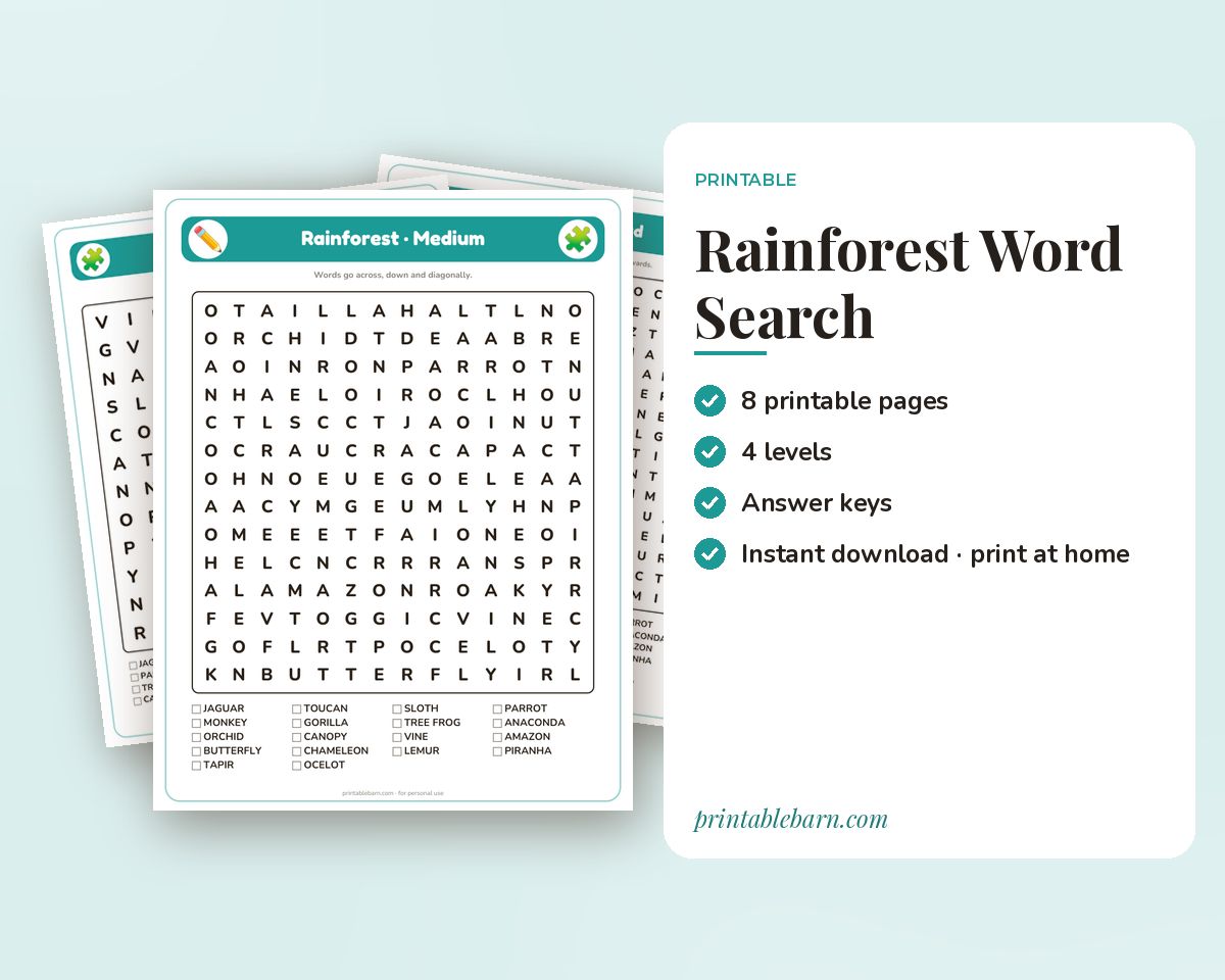 Rainforest Word Search Printable: 4 Puzzles (Easy to Hard + Large Print) printable preview 1
