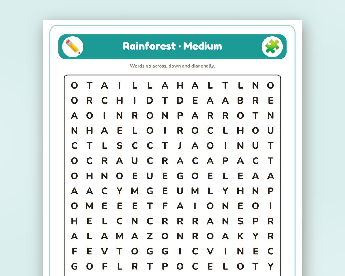 Rainforest Word Search Printable: 4 Puzzles (Easy to Hard + Large Print) printable preview 2