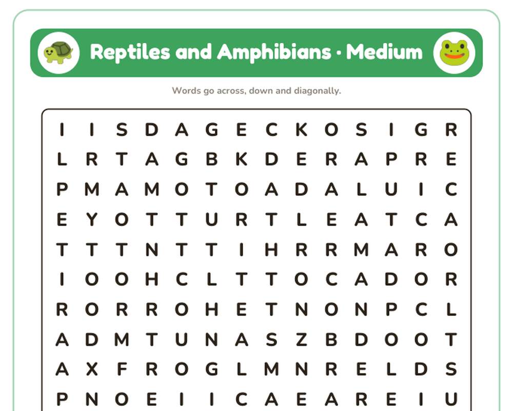 Reptiles and Amphibians Word Search Printable: 4 Puzzles (Easy to Hard + Large Print) printable preview 2