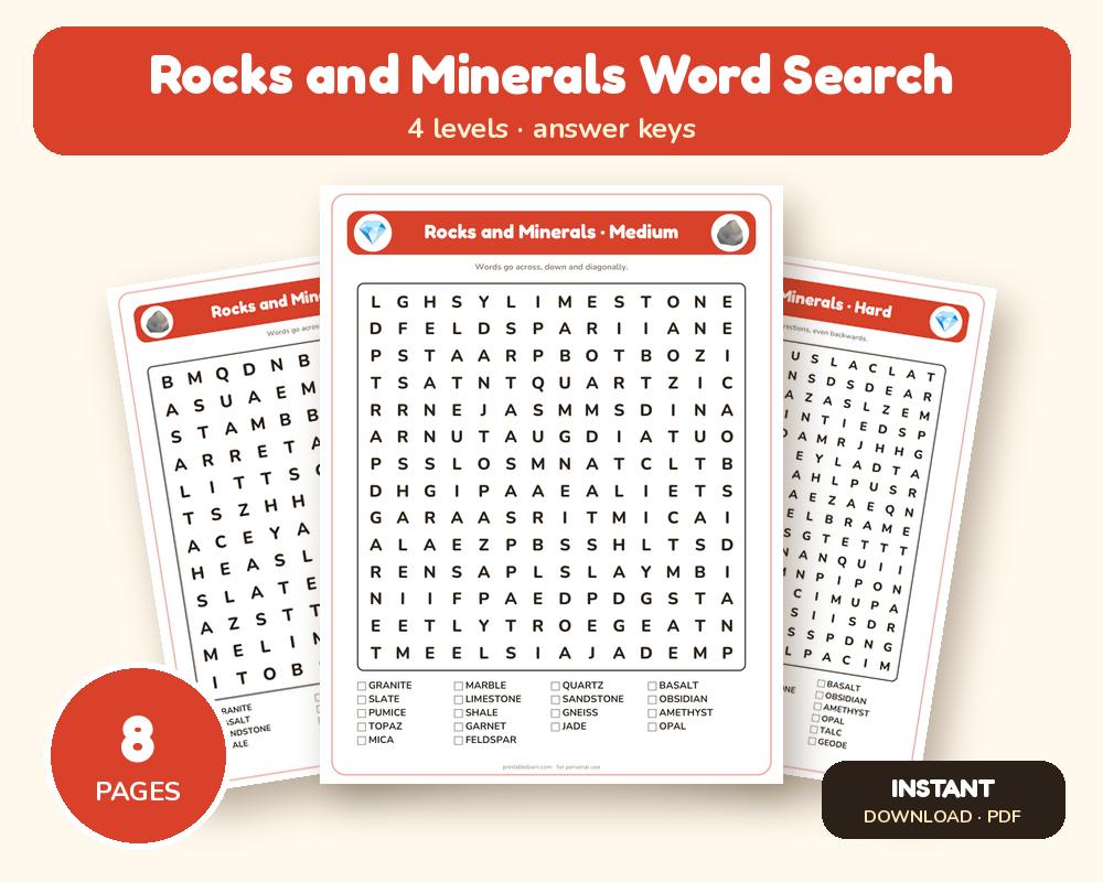 Rocks and Minerals Word Search Printable: 4 Puzzles (Easy to Hard + Large Print)