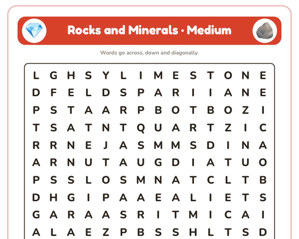 Rocks and Minerals Word Search Printable: 4 Puzzles (Easy to Hard + Large Print) printable preview 2