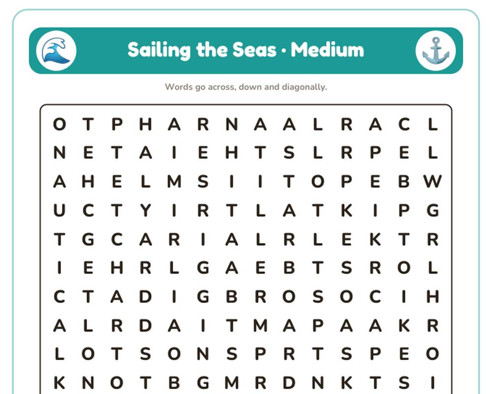 Sailing the Seas Word Search Printable: 4 Puzzles (Easy to Hard + Large Print) printable preview 2