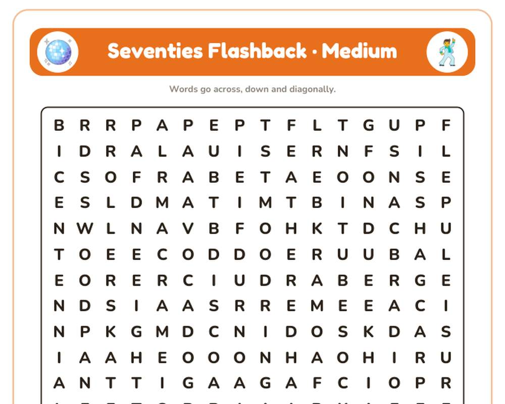 Seventies Flashback Word Search Printable: 4 Puzzles (Easy to Hard + Large Print) printable preview 2