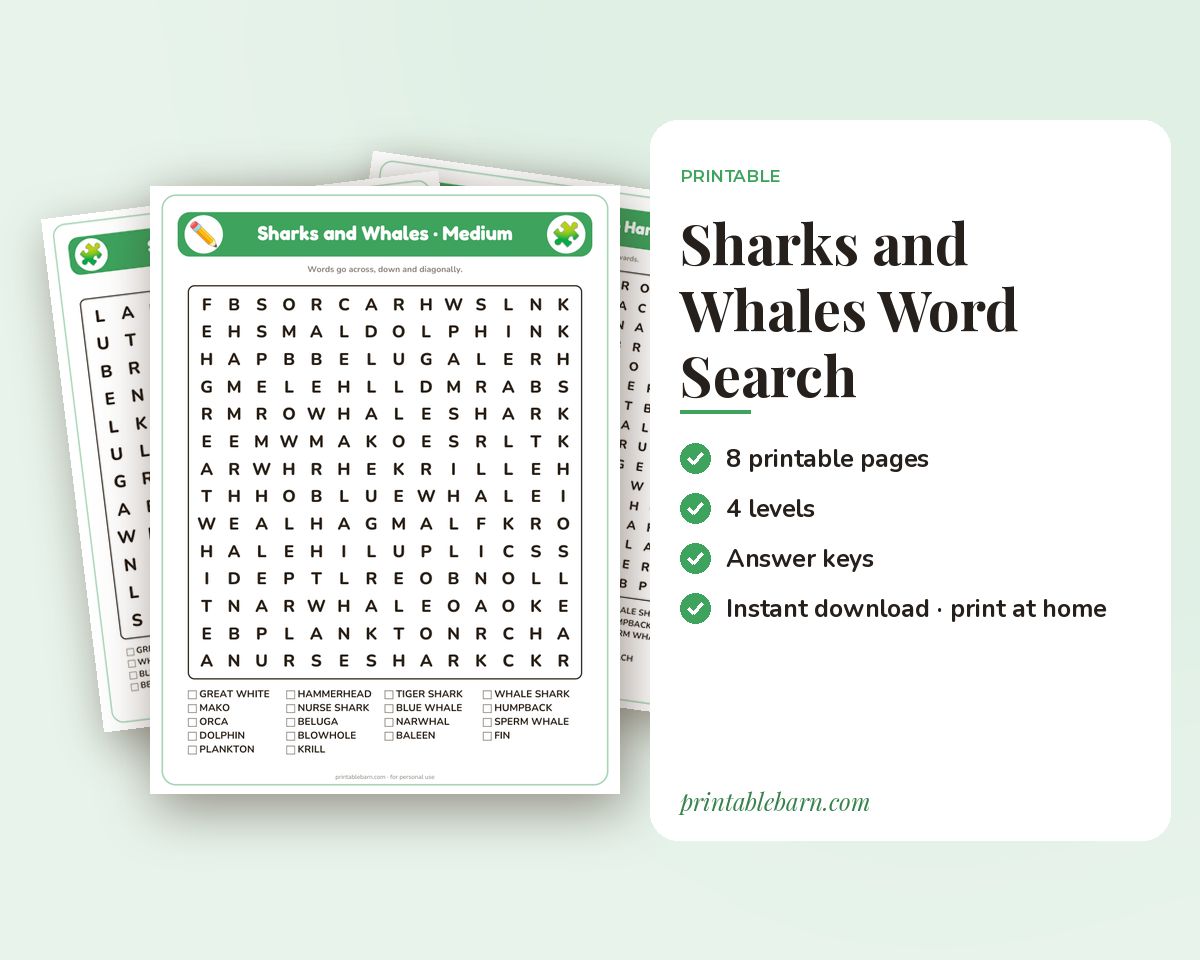 Sharks and Whales Word Search Printable: 4 Puzzles (Easy to Hard + Large Print) printable preview 1