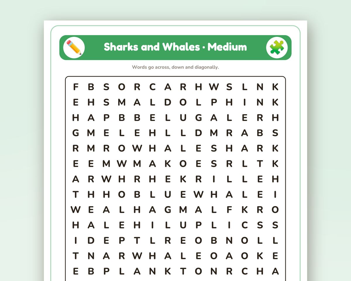 Free printable Sharks and Whales Word Search sample page