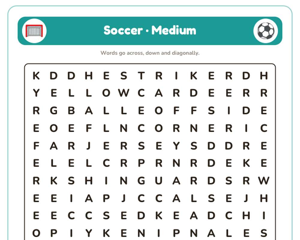 Soccer Word Search Printable: 4 Puzzles (Easy to Hard + Large Print) printable preview 2