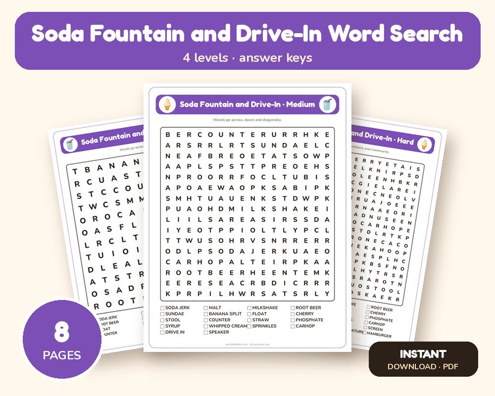 Soda Fountain and Drive-In Word Search Printable: 4 Puzzles (Easy to Hard + Large Print)