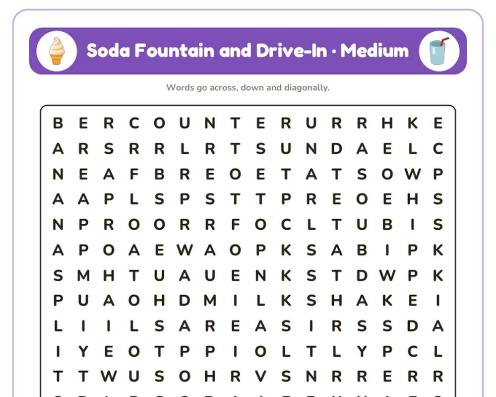 Soda Fountain and Drive-In Word Search Printable: 4 Puzzles (Easy to Hard + Large Print) printable preview 2