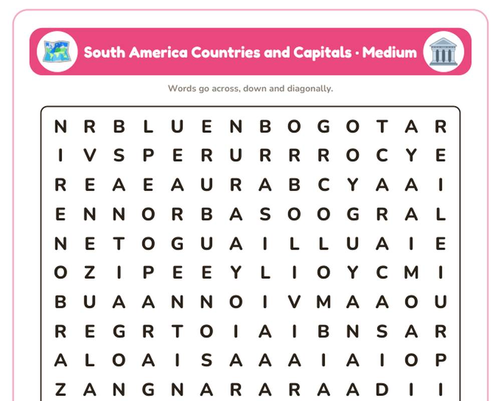 South America Countries and Capitals Word Search Printable: 4 Puzzles (Easy to Hard + Large Print) printable preview 2