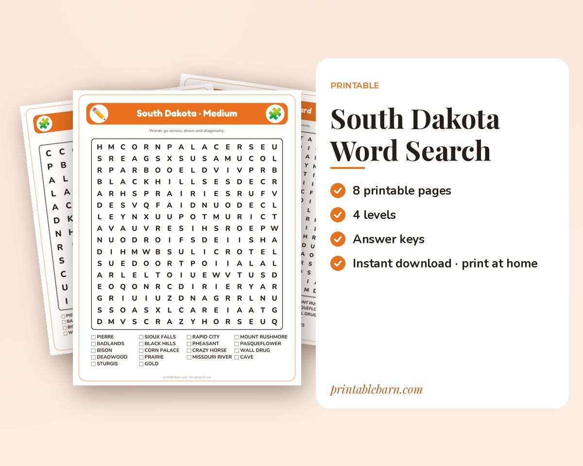 South Dakota Word Search Printable: 4 Puzzles (Easy to Hard + Large Print) printable preview 1