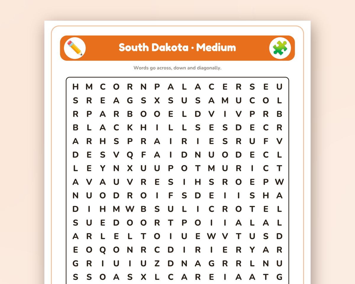 South Dakota Word Search Printable: 4 Puzzles (Easy to Hard + Large Print) printable preview 2