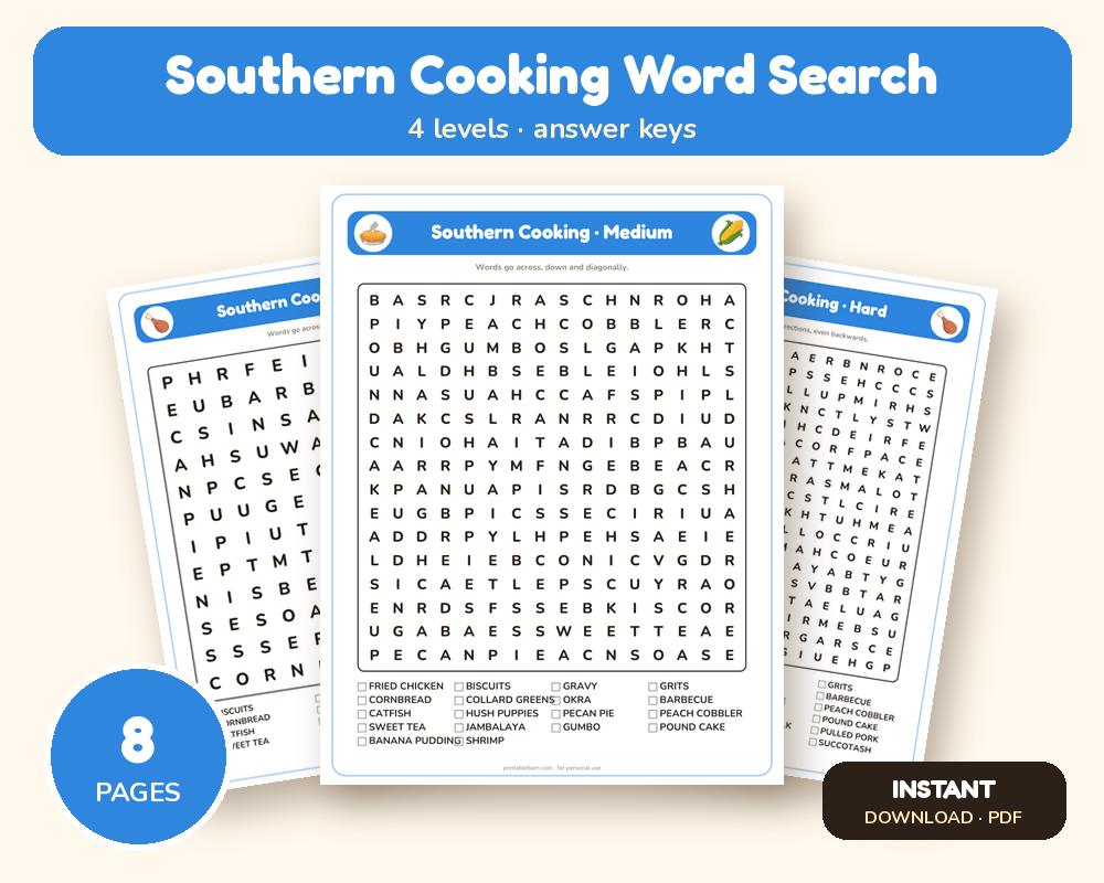 Southern Cooking Word Search Printable: 4 Puzzles (Easy to Hard + Large Print)