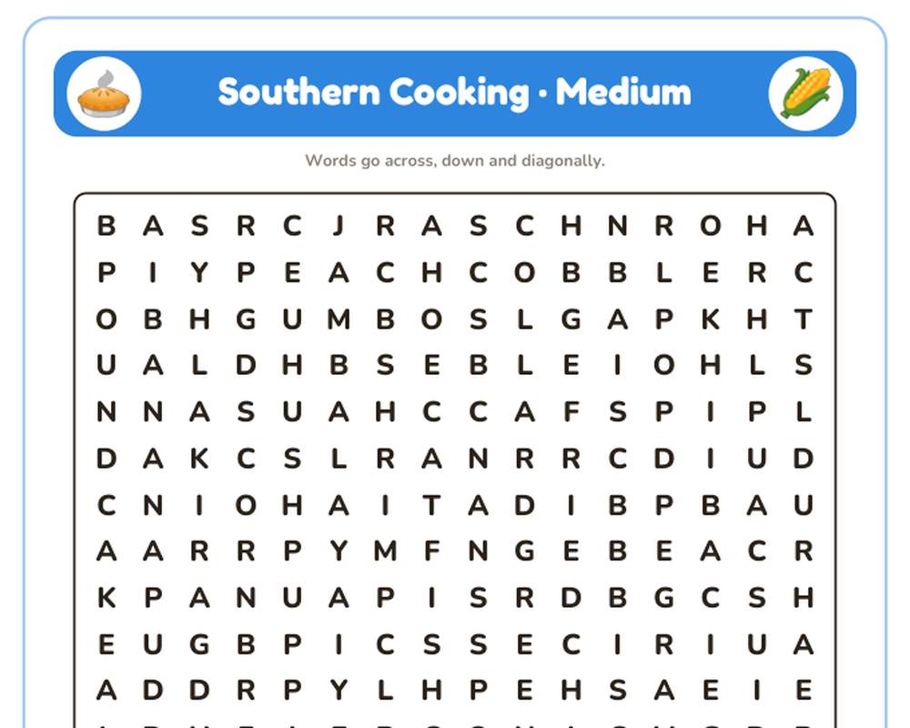 Southern Cooking Word Search Printable: 4 Puzzles (Easy to Hard + Large Print) printable preview 2