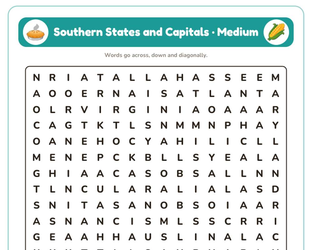 Southern States and Capitals Word Search Printable: 4 Puzzles (Easy to Hard + Large Print) printable preview 2