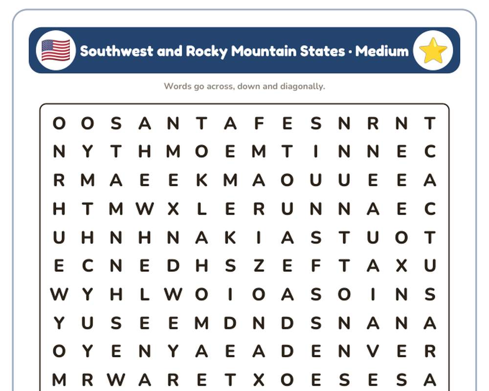 Southwest and Rocky Mountain States Word Search Printable: 4 Puzzles (Easy to Hard + Large Print) printable preview 2