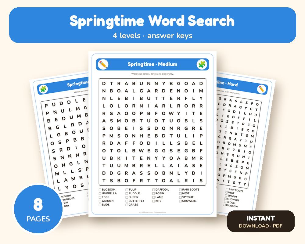 Springtime Word Search Printable: 4 Puzzles (Easy to Hard + Large Print) printable preview 1