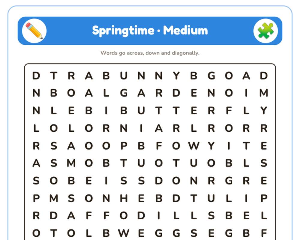 Free printable Springtime Word Search sample page
