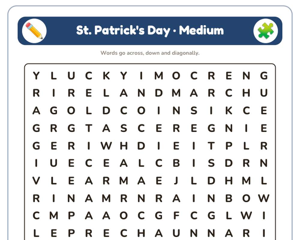 St. Patrick's Day Word Search Printable: 4 Puzzles (Easy to Hard + Large Print) printable preview 2